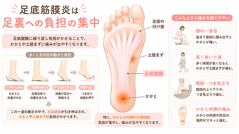足底筋膜炎の仕組みを足裏の解剖図で説明した画像。足底腱膜、かかと、土踏まず、足指の付け根を示し、かかと内側や土踏まずに負担が集中することで痛みが起こりやすいことを分かりやすく表現しています。 足底筋膜炎の仕組みを足裏の解剖図で説明した画像。足底腱膜、かかと、土踏まず、足指の付け根を示し、かかと内側や土踏まずに負担が集中することで痛みが起こりやすいことを分かりやすく表現しています。