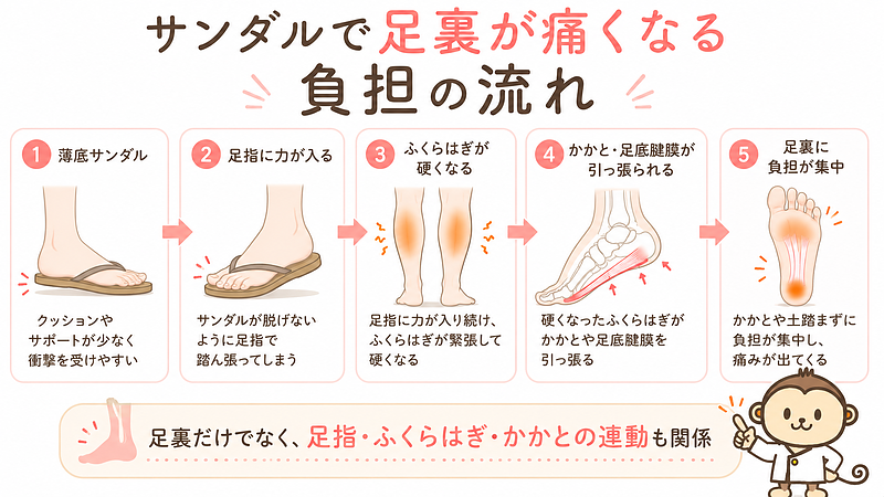 夏のサンダルで足裏が痛くなりやすい流れをフローチャートで示した画像。薄底サンダルから足指の踏ん張り、ふくらはぎの硬さ、かかと・足底腱膜への牽引、足裏への負担集中までを順番に整理しています。 夏のサンダルで足裏が痛くなりやすい流れをフローチャートで示した画像。薄底サンダルから足指の踏ん張り、ふくらはぎの硬さ、かかと・足底腱膜への牽引、足裏への負担集中までを順番に整理しています。