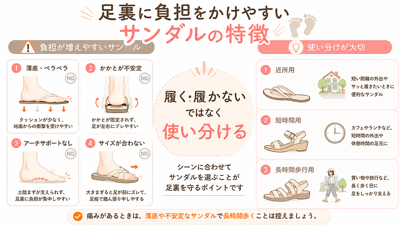 足裏に負担をかけやすいサンダルの特徴と、サンダルの使い分け方を比較した画像。薄底、かかとの不安定さ、アーチサポート不足、サイズ不適合に注意しながら、近所用・短時間用・長時間歩行用で使い分ける大切さを伝えています。 足裏に負担をかけやすいサンダルの特徴と、サンダルの使い分け方を比較した画像。薄底、かかとの不安定さ、アーチサポート不足、サイズ不適合に注意しながら、近所用・短時間用・長時間歩行用で使い分ける大切さを伝えています。