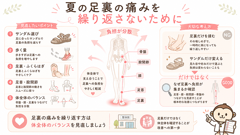 夏の足裏の痛みを繰り返さないためのまとめ画像。サンダル選び、歩く量、足裏・ふくらはぎ、足首・股関節、体全体のバランスを見直すポイントとして整理し、足裏だけでなく全身の負担のかかり方を確認する大切さを伝えています。 夏の足裏の痛みを繰り返さないためのまとめ画像。サンダル選び、歩く量、足裏・ふくらはぎ、足首・股関節、体全体のバランスを見直すポイントとして整理し、足裏だけでなく全身の負担のかかり方を確認する大切さを伝えています。