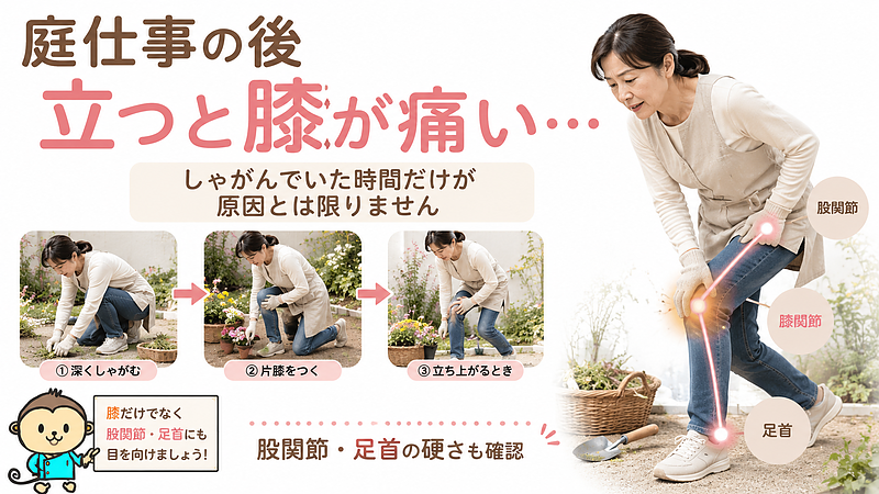 庭仕事の後に立ち上がろうとした際、膝に違和感を覚える40〜50代女性の様子を描いた画像です。草取り、片膝立ち、立ち上がりという一連の動作を順番に示し、膝の痛みが長時間しゃがんでいたことだけで起こるとは限らない点を表現しています。股関節から膝、足首までをつないだラインによって、膝だけでなく上下の関節の動きや硬さも関係している可能性を分かりやすく示しています。 庭仕事の後に立ち上がろうとした際、膝に違和感を覚える40〜50代女性の様子を描いた画像です。草取り、片膝立ち、立ち上がりという一連の動作を順番に示し、膝の痛みが長時間しゃがんでいたことだけで起こるとは限らない点を表現しています。股関節から膝、足首までをつないだラインによって、膝だけでなく上下の関節の動きや硬さも関係している可能性を分かりやすく示しています。