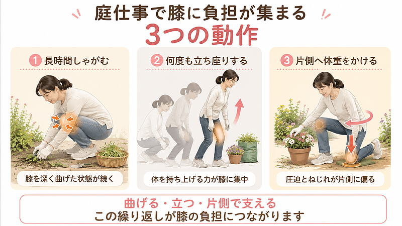 庭仕事で膝に負担が集まりやすい3つの代表的な動作を比較した画像です。長時間深くしゃがむ動作では膝を曲げた状態が続き、何度も立ち座りする動作では体を持ち上げる力が膝に集中しやすくなります。また、片膝立ちや片側重心では、地面についた膝への圧迫と、体重を支える側へのねじれが偏りやすくなります。庭仕事中に繰り返される動作ごとに、膝へ加わる負担の違いを整理しています。 庭仕事で膝に負担が集まりやすい3つの代表的な動作を比較した画像です。長時間深くしゃがむ動作では膝を曲げた状態が続き、何度も立ち座りする動作では体を持ち上げる力が膝に集中しやすくなります。また、片膝立ちや片側重心では、地面についた膝への圧迫と、体重を支える側へのねじれが偏りやすくなります。庭仕事中に繰り返される動作ごとに、膝へ加わる負担の違いを整理しています。
