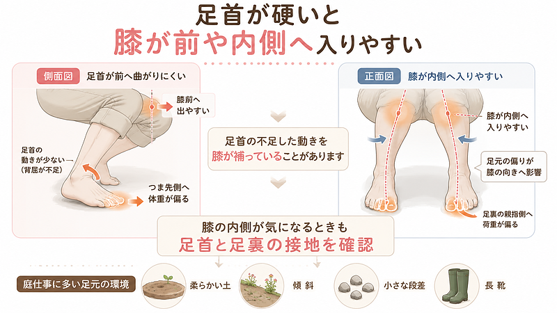足首の硬さが、膝の前方への移動や内側への入り込みにつながる仕組みを、側面図と正面図で示した画像です。足首が十分に前へ曲がらないと、かかとが浮き、つま先側へ体重が偏りやすくなります。また、足裏の内側へ荷重が偏ることで、膝がつま先より内側へ入りやすくなり、膝の向きやねじれにも影響します。柔らかい土、傾斜、段差、長靴など、庭仕事特有の不安定な足元環境も膝への負担を増やす要因として示しています。 足首の硬さが、膝の前方への移動や内側への入り込みにつながる仕組みを、側面図と正面図で示した画像です。足首が十分に前へ曲がらないと、かかとが浮き、つま先側へ体重が偏りやすくなります。また、足裏の内側へ荷重が偏ることで、膝がつま先より内側へ入りやすくなり、膝の向きやねじれにも影響します。柔らかい土、傾斜、段差、長靴など、庭仕事特有の不安定な足元環境も膝への負担を増やす要因として示しています。