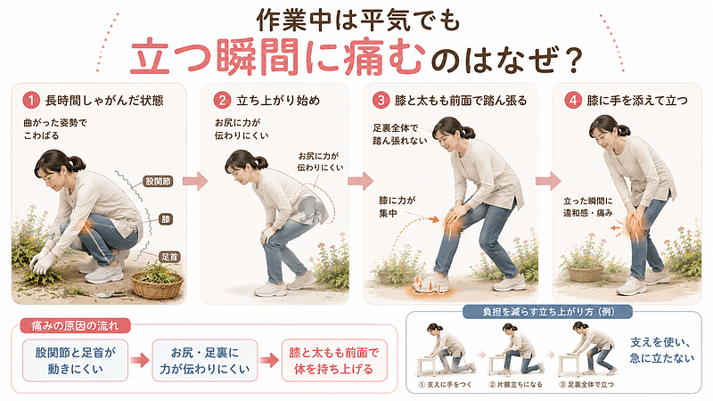 庭仕事中は痛みを感じなくても、立ち上がる瞬間に膝が痛む理由を4段階で説明した画像です。長時間しゃがむことで股関節、膝、足首がこわばり、立ち上がる際にお尻や足裏へ力が伝わりにくくなる流れを示しています。その結果、膝と太ももの前側で体を持ち上げようとして、膝へ負担が集中しやすくなります。右下には、支えを使い、片膝立ちを経て急がずに立ち上がる、負担を減らしやすい動作例も掲載しています。 庭仕事中は痛みを感じなくても、立ち上がる瞬間に膝が痛む理由を4段階で説明した画像です。長時間しゃがむことで股関節、膝、足首がこわばり、立ち上がる際にお尻や足裏へ力が伝わりにくくなる流れを示しています。その結果、膝と太ももの前側で体を持ち上げようとして、膝へ負担が集中しやすくなります。右下には、支えを使い、片膝立ちを経て急がずに立ち上がる、負担を減らしやすい動作例も掲載しています。