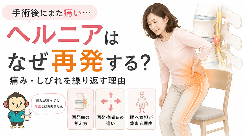 手術や治療後にいったん症状が落ち着いたものの、再び腰から脚にかけて痛みやしびれを感じている40〜50代女性と、腰椎・椎間板・神経の医療イラストを組み合わせた画像です。「ヘルニアはなぜ再発する?」という疑問を大きく示し、再発率の考え方、再発と後遺症の違い、腰へ負担が集まる理由を解説する記事であることを伝えています。症状が戻っても、必ずしも椎間板ヘルニアの再発とは限らないという重要な視点を、院のマスコットキャラクターとともに分かりやすく表現しています。 手術や治療後にいったん症状が落ち着いたものの、再び腰から脚にかけて痛みやしびれを感じている40〜50代女性と、腰椎・椎間板・神経の医療イラストを組み合わせた画像です。「ヘルニアはなぜ再発する?」という疑問を大きく示し、再発率の考え方、再発と後遺症の違い、腰へ負担が集まる理由を解説する記事であることを伝えています。症状が戻っても、必ずしも椎間板ヘルニアの再発とは限らないという重要な視点を、院のマスコットキャラクターとともに分かりやすく表現しています。