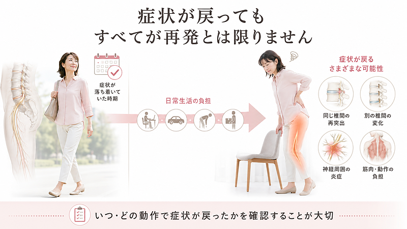 治療や手術によって腰痛や脚のしびれが落ち着いていた時期から、日常生活の負担を経て再び違和感が現れるまでを、時間の流れに沿って表した画像です。長時間座位、車の運転、前かがみ、荷物を持つ動作などが重なることで、症状が再び現れる可能性を示しています。一方で、その原因は同じ椎間板の再突出だけではなく、別の椎間の変化、神経周囲の炎症、筋肉や動作による負担など複数考えられるため、症状が戻っただけで再発と決めつけないことが大切だと伝えています。 治療や手術によって腰痛や脚のしびれが落ち着いていた時期から、日常生活の負担を経て再び違和感が現れるまでを、時間の流れに沿って表した画像です。長時間座位、車の運転、前かがみ、荷物を持つ動作などが重なることで、症状が再び現れる可能性を示しています。一方で、その原因は同じ椎間板の再突出だけではなく、別の椎間の変化、神経周囲の炎症、筋肉や動作による負担など複数考えられるため、症状が戻っただけで再発と決めつけないことが大切だと伝えています。