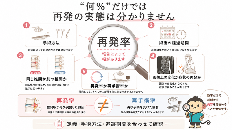 腰椎椎間板ヘルニアの再発率は、一つの数字だけでは判断できないことを整理した医療インフォグラフィックです。手術方法、術後の経過期間、同じ椎間か別の椎間か、画像上の変化か症状の再発か、再発率か再手術率かによって、報告される数字が異なることを示しています。特に、椎間板が再び突出した割合である「再発率」と、再び手術を受けた割合である「再手術率」は同じではないため、定義や追跡期間を含めて確認する必要があることを分かりやすく表現しています。 腰椎椎間板ヘルニアの再発率は、一つの数字だけでは判断できないことを整理した医療インフォグラフィックです。手術方法、術後の経過期間、同じ椎間か別の椎間か、画像上の変化か症状の再発か、再発率か再手術率かによって、報告される数字が異なることを示しています。特に、椎間板が再び突出した割合である「再発率」と、再び手術を受けた割合である「再手術率」は同じではないため、定義や追跡期間を含めて確認する必要があることを分かりやすく表現しています。