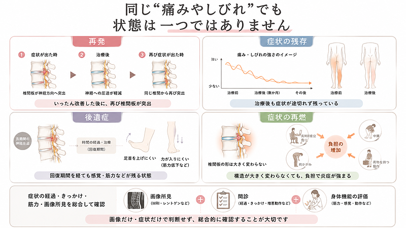 腰痛や脚のしびれが続く状態を、再発、症状の残存、後遺症、症状の再燃の4つに分けて比較した画像です。再発は、いったん改善したあとに椎間板が再び突出する状態、症状の残存は治療後も痛みやしびれが途切れず残る状態を示しています。後遺症は、一定の回復期間を経ても感覚低下や筋力低下などが残る状態、症状の再燃は椎間板の形に大きな変化がなくても、日常生活の負担によって炎症や神経の刺激が強まる状態として整理しています。画像所見だけでなく、症状の経過、きっかけ、筋力や動作も合わせて確認する必要があることを伝えています。 腰痛や脚のしびれが続く状態を、再発、症状の残存、後遺症、症状の再燃の4つに分けて比較した画像です。再発は、いったん改善したあとに椎間板が再び突出する状態、症状の残存は治療後も痛みやしびれが途切れず残る状態を示しています。後遺症は、一定の回復期間を経ても感覚低下や筋力低下などが残る状態、症状の再燃は椎間板の形に大きな変化がなくても、日常生活の負担によって炎症や神経の刺激が強まる状態として整理しています。画像所見だけでなく、症状の経過、きっかけ、筋力や動作も合わせて確認する必要があることを伝えています。