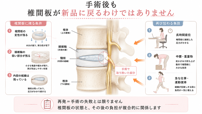 腰椎椎間板ヘルニアの手術後も、椎間板が完全に新品の状態へ戻るわけではないことを、腰椎と椎間板の断面図で解説した画像です。手術によって神経を圧迫していた部分を取り除いても、椎間板の変性、線維輪の弱くなった部分、内部の髄核などは残ります。そこへ長時間座位、中腰での重量物の持ち上げ、急な仕事や運動への復帰といった負担が重なると、再び椎間板や神経周囲へストレスが加わる可能性があります。再発は手術の失敗だけで起こるのではなく、椎間板の状態と手術後の負担が複合的に関係することを表現しています。 腰椎椎間板ヘルニアの手術後も、椎間板が完全に新品の状態へ戻るわけではないことを、腰椎と椎間板の断面図で解説した画像です。手術によって神経を圧迫していた部分を取り除いても、椎間板の変性、線維輪の弱くなった部分、内部の髄核などは残ります。そこへ長時間座位、中腰での重量物の持ち上げ、急な仕事や運動への復帰といった負担が重なると、再び椎間板や神経周囲へストレスが加わる可能性があります。再発は手術の失敗だけで起こるのではなく、椎間板の状態と手術後の負担が複合的に関係することを表現しています。