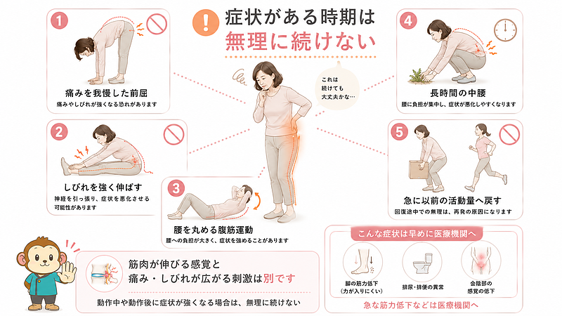 腰痛や脚のしびれがある時期に、無理に続けないほうがよい行動を5つに整理した画像です。痛みを我慢した深い前屈、脚のしびれを強く伸ばすストレッチ、腰を繰り返し丸める腹筋運動、長時間の中腰、症状が軽くなった直後に以前の活動量へ急に戻す行動を紹介しています。筋肉が伸びる感覚と、痛みやしびれが脚へ広がる刺激は異なるため、動作中や動作後に症状が強くなる場合は無理に続けないことが重要です。また、急な筋力低下、排尿・排便の異常、会陰部の感覚低下などがある場合は、早めに医療機関へ相談する必要があることも示しています。 腰痛や脚のしびれがある時期に、無理に続けないほうがよい行動を5つに整理した画像です。痛みを我慢した深い前屈、脚のしびれを強く伸ばすストレッチ、腰を繰り返し丸める腹筋運動、長時間の中腰、症状が軽くなった直後に以前の活動量へ急に戻す行動を紹介しています。筋肉が伸びる感覚と、痛みやしびれが脚へ広がる刺激は異なるため、動作中や動作後に症状が強くなる場合は無理に続けないことが重要です。また、急な筋力低下、排尿・排便の異常、会陰部の感覚低下などがある場合は、早めに医療機関へ相談する必要があることも示しています。
