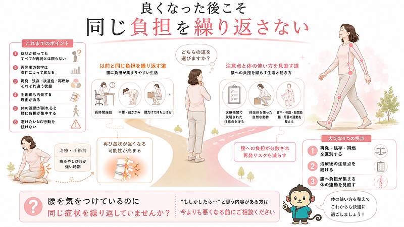 腰椎椎間板ヘルニアの治療や手術後に、どのような生活や体の使い方を選ぶかを、二つの道に分けたロードマップ型の画像です。以前と同じ長時間座位、中腰、腰だけで荷物を持つ動作を繰り返す道では、再び腰へ負担が集まりやすくなります。一方、治療後に説明された注意点を続け、背中、骨盤、股関節、膝、足首を使った動作へ見直すことで、腰への負担を分散しやすくなります。再発、残存症状、後遺症、再燃を区別し、良くなったあとも注意点を継続することの大切さを振り返りながら、同じ症状を繰り返す方へ早めの相談を促すまとめ画像です。 腰椎椎間板ヘルニアの治療や手術後に、どのような生活や体の使い方を選ぶかを、二つの道に分けたロードマップ型の画像です。以前と同じ長時間座位、中腰、腰だけで荷物を持つ動作を繰り返す道では、再び腰へ負担が集まりやすくなります。一方、治療後に説明された注意点を続け、背中、骨盤、股関節、膝、足首を使った動作へ見直すことで、腰への負担を分散しやすくなります。再発、残存症状、後遺症、再燃を区別し、良くなったあとも注意点を継続することの大切さを振り返りながら、同じ症状を繰り返す方へ早めの相談を促すまとめ画像です。
