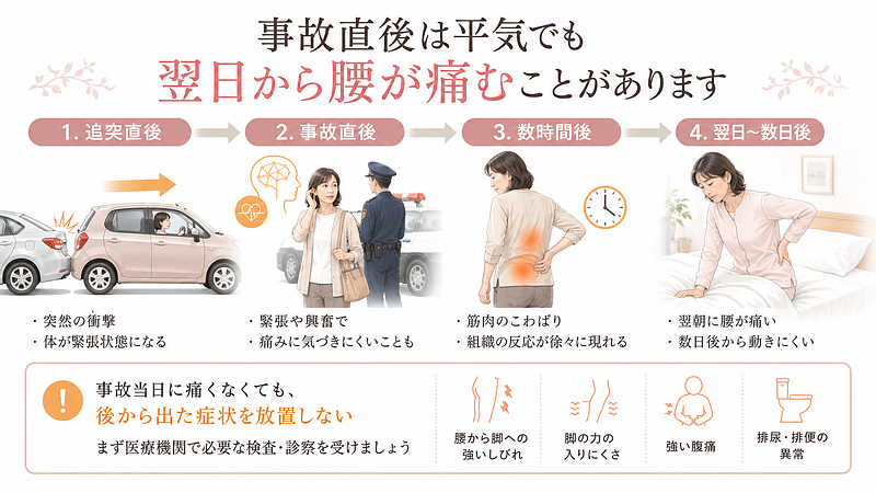 交通事故直後から翌日、数日後までの体の変化を時間軸で表した画像です。追突直後は突然の衝撃によって体が緊張状態になり、事故対応や周囲の確認に意識が向くため、自分の痛みに気づきにくいことがあります。その後、数時間かけて筋肉のこわばりや組織の反応が現れ、翌朝から腰痛や動かしにくさを感じる場合があります。事故当日に痛みがなくても、後から現れた症状を放置せず、まず医療機関で必要な検査や診察を受けることの大切さを伝えています。 交通事故直後から翌日、数日後までの体の変化を時間軸で表した画像です。追突直後は突然の衝撃によって体が緊張状態になり、事故対応や周囲の確認に意識が向くため、自分の痛みに気づきにくいことがあります。その後、数時間かけて筋肉のこわばりや組織の反応が現れ、翌朝から腰痛や動かしにくさを感じる場合があります。事故当日に痛みがなくても、後から現れた症状を放置せず、まず医療機関で必要な検査や診察を受けることの大切さを伝えています。