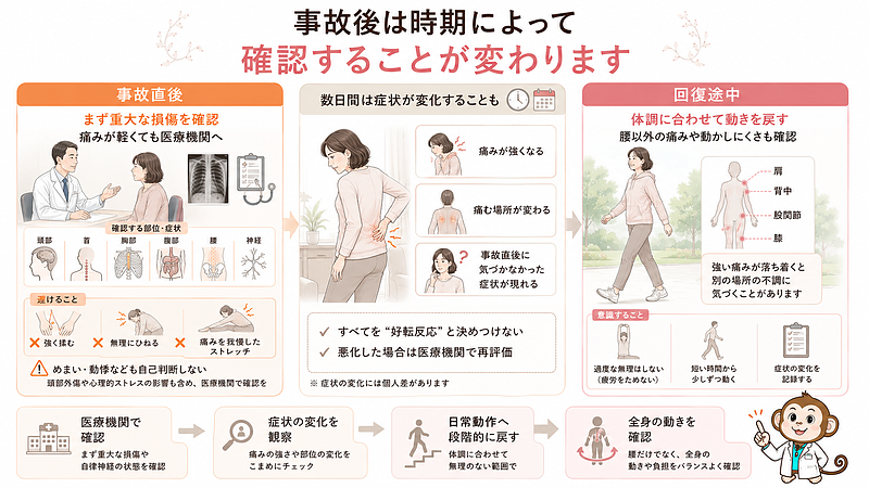 交通事故後の経過を、事故直後、数日間、回復途中の3段階に分けて整理した画像です。事故直後は痛みの強さだけで判断せず、頭部、首、胸部、腹部、腰、神経などに重大な問題がないか医療機関で確認することが優先されます。数日間は痛みが強くなったり、痛む場所が変わったり、事故直後には気づかなかった症状が現れたりすることがあります。これらをすべて好転反応と決めつけず、悪化した場合は再評価が必要です。回復途中では、無理のない範囲で日常動作へ戻りながら、腰以外の痛みや動かしにくさも確認することを伝えています。 交通事故後の経過を、事故直後、数日間、回復途中の3段階に分けて整理した画像です。事故直後は痛みの強さだけで判断せず、頭部、首、胸部、腹部、腰、神経などに重大な問題がないか医療機関で確認することが優先されます。数日間は痛みが強くなったり、痛む場所が変わったり、事故直後には気づかなかった症状が現れたりすることがあります。これらをすべて好転反応と決めつけず、悪化した場合は再評価が必要です。回復途中では、無理のない範囲で日常動作へ戻りながら、腰以外の痛みや動かしにくさも確認することを伝えています。