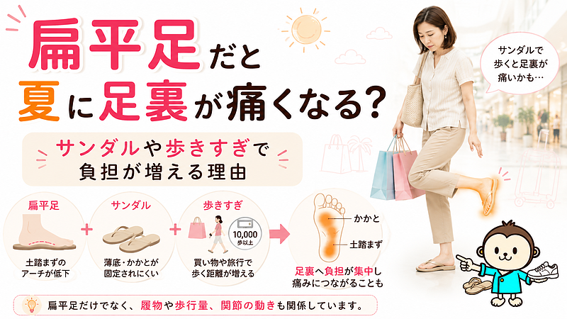 夏にサンダルで買い物や旅行をした後、かかとや土踏まずが痛くなる場面を表現したサムネイル画像です。扁平足によるアーチの低下に、薄底でかかとを固定しにくいサンダルや、普段以上の歩行量が重なることで、足裏へ負担が集中する流れを分かりやすく示しています。扁平足だけを原因と決めつけず、履物、歩く距離、関節の動きまで見直す必要があることを一目で伝える構成です。 夏にサンダルで買い物や旅行をした後、かかとや土踏まずが痛くなる場面を表現したサムネイル画像です。扁平足によるアーチの低下に、薄底でかかとを固定しにくいサンダルや、普段以上の歩行量が重なることで、足裏へ負担が集中する流れを分かりやすく示しています。扁平足だけを原因と決めつけず、履物、歩く距離、関節の動きまで見直す必要があることを一目で伝える構成です。