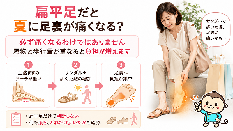 扁平足だからといって、夏に必ず足裏が痛くなるわけではありません。ただし、土踏まずのアーチが低い状態に、薄底のサンダルや普段より長い歩行が重なると、かかとや土踏まずへ負担が集中しやすくなります。この画像では、扁平足そのものだけで判断するのではなく、夏の履物や歩く距離も含めて考えることの大切さを、3段階の流れで分かりやすく示しています。 扁平足だからといって、夏に必ず足裏が痛くなるわけではありません。ただし、土踏まずのアーチが低い状態に、薄底のサンダルや普段より長い歩行が重なると、かかとや土踏まずへ負担が集中しやすくなります。この画像では、扁平足そのものだけで判断するのではなく、夏の履物や歩く距離も含めて考えることの大切さを、3段階の流れで分かりやすく示しています。