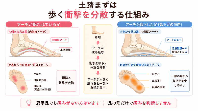 土踏まずのアーチには、歩いたときの衝撃を吸収し、体重を足全体へ分散する役割があります。画像では、アーチが保たれている足と、荷重時にアーチが低下する足を比較し、かかと・足裏の外側・母趾球へ体重が分散される状態と、かかと・土踏まず・足裏の前側へ負担が偏りやすい状態の違いを示しています。ただし、扁平足でも痛みがない方はいるため、足の形だけで症状を判断しないことも大切です。 土踏まずのアーチには、歩いたときの衝撃を吸収し、体重を足全体へ分散する役割があります。画像では、アーチが保たれている足と、荷重時にアーチが低下する足を比較し、かかと・足裏の外側・母趾球へ体重が分散される状態と、かかと・土踏まず・足裏の前側へ負担が偏りやすい状態の違いを示しています。ただし、扁平足でも痛みがない方はいるため、足の形だけで症状を判断しないことも大切です。