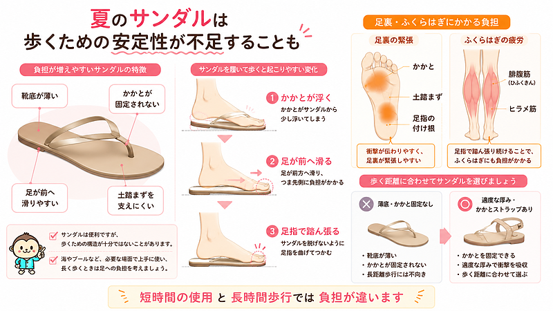 薄底でかかとを固定しないサンダルは、足が前へ滑りやすく、歩くたびにかかとが浮いたり、サンダルが脱げないよう足指で踏ん張ったりしやすくなります。その状態が続くと、地面からの衝撃が足裏へ伝わりやすくなり、土踏まずや足指の付け根、ふくらはぎに余分な緊張が生じることがあります。この画像では、サンダルの構造と歩行中の足の変化を対応させ、短時間の使用と長時間歩行では負担が異なることを説明しています。 薄底でかかとを固定しないサンダルは、足が前へ滑りやすく、歩くたびにかかとが浮いたり、サンダルが脱げないよう足指で踏ん張ったりしやすくなります。その状態が続くと、地面からの衝撃が足裏へ伝わりやすくなり、土踏まずや足指の付け根、ふくらはぎに余分な緊張が生じることがあります。この画像では、サンダルの構造と歩行中の足の変化を対応させ、短時間の使用と長時間歩行では負担が異なることを説明しています。