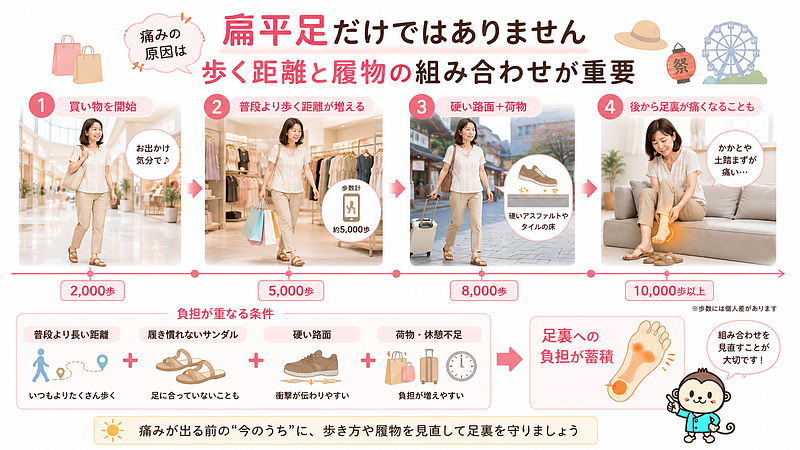 夏の買い物や旅行では、普段より歩く距離が増え、硬い床や舗装路を長時間歩くことがあります。さらに、履き慣れないサンダルや荷物の重さ、休憩不足が重なることで、足裏への負担は少しずつ蓄積します。この画像では、外出を始めたときには痛みがなくても、歩数の増加とともに負担が重なり、帰宅後や翌日にかかとや土踏まずが痛くなるまでの流れを表現しています。 夏の買い物や旅行では、普段より歩く距離が増え、硬い床や舗装路を長時間歩くことがあります。さらに、履き慣れないサンダルや荷物の重さ、休憩不足が重なることで、足裏への負担は少しずつ蓄積します。この画像では、外出を始めたときには痛みがなくても、歩数の増加とともに負担が重なり、帰宅後や翌日にかかとや土踏まずが痛くなるまでの流れを表現しています。