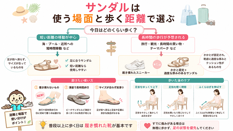 サンダルは、すべて避けなければならないわけではありません。海やプール、近所への短時間移動では足に合ったサンダルを選び、旅行や観光、長時間の買い物では履き慣れたスニーカーや、かかとを固定できる厚みのあるサンダルを選ぶことが大切です。この画像では、歩く距離と使用場面に応じた履物の選び方に加え、履き慣れない靴や薄底サンダルの長時間使用を避けること、歩いた後に足首や足指、ふくらはぎをやさしく動かす方法をまとめています。 サンダルは、すべて避けなければならないわけではありません。海やプール、近所への短時間移動では足に合ったサンダルを選び、旅行や観光、長時間の買い物では履き慣れたスニーカーや、かかとを固定できる厚みのあるサンダルを選ぶことが大切です。この画像では、歩く距離と使用場面に応じた履物の選び方に加え、履き慣れない靴や薄底サンダルの長時間使用を避けること、歩いた後に足首や足指、ふくらはぎをやさしく動かす方法をまとめています。