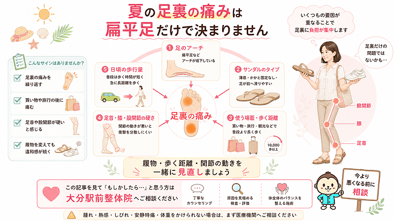 夏の足裏の痛みは、扁平足だけで決まるものではありません。足のアーチ、サンダルの形、歩く距離、日頃の歩行量、足首・膝・股関節の動きなど、複数の条件が重なることで、かかとや土踏まずへ負担が集中することがあります。この画像では、足裏の痛みに関係する要因を円形のマップで整理し、履物を変えても違和感が続く方や、外出後に痛みを繰り返す方は、足裏だけでなく体全体の動きを確認することが大切だと伝えています。 夏の足裏の痛みは、扁平足だけで決まるものではありません。足のアーチ、サンダルの形、歩く距離、日頃の歩行量、足首・膝・股関節の動きなど、複数の条件が重なることで、かかとや土踏まずへ負担が集中することがあります。この画像では、足裏の痛みに関係する要因を円形のマップで整理し、履物を変えても違和感が続く方や、外出後に痛みを繰り返す方は、足裏だけでなく体全体の動きを確認することが大切だと伝えています。