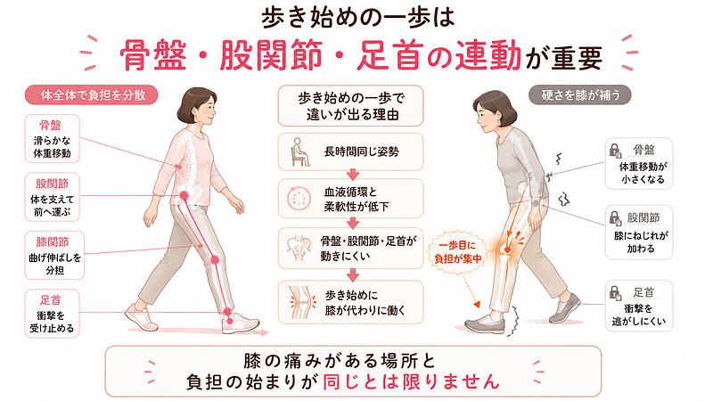 骨盤・股関節・膝・足首が滑らかに連動する歩き方と、各部位の硬さを膝が補っている歩き方を左右で比較した画像です。体全体が動く場合は歩行時の負担を分散できますが、骨盤の体重移動が小さく、股関節や足首が動きにくい場合には、膝へねじれや衝撃が集中し、最初の一歩で痛みが出やすくなる仕組みを示しています。 骨盤・股関節・膝・足首が滑らかに連動する歩き方と、各部位の硬さを膝が補っている歩き方を左右で比較した画像です。体全体が動く場合は歩行時の負担を分散できますが、骨盤の体重移動が小さく、股関節や足首が動きにくい場合には、膝へねじれや衝撃が集中し、最初の一歩で痛みが出やすくなる仕組みを示しています。
