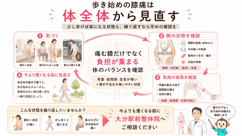 歩き始めの膝痛に気づいてから、膝の状態を確認し、骨盤・股関節・足首を含めた負担の背景を見直すまでの流れを、円環型のロードマップでまとめた画像です。少し歩けば楽になる状態でも繰り返している場合は、痛む膝だけでなく、体全体のバランスや歩き始めの動きを早めに確認することが大切であると伝え、大分駅前整体院への相談につなげています。 歩き始めの膝痛に気づいてから、膝の状態を確認し、骨盤・股関節・足首を含めた負担の背景を見直すまでの流れを、円環型のロードマップでまとめた画像です。少し歩けば楽になる状態でも繰り返している場合は、痛む膝だけでなく、体全体のバランスや歩き始めの動きを早めに確認することが大切であると伝え、大分駅前整体院への相談につなげています。