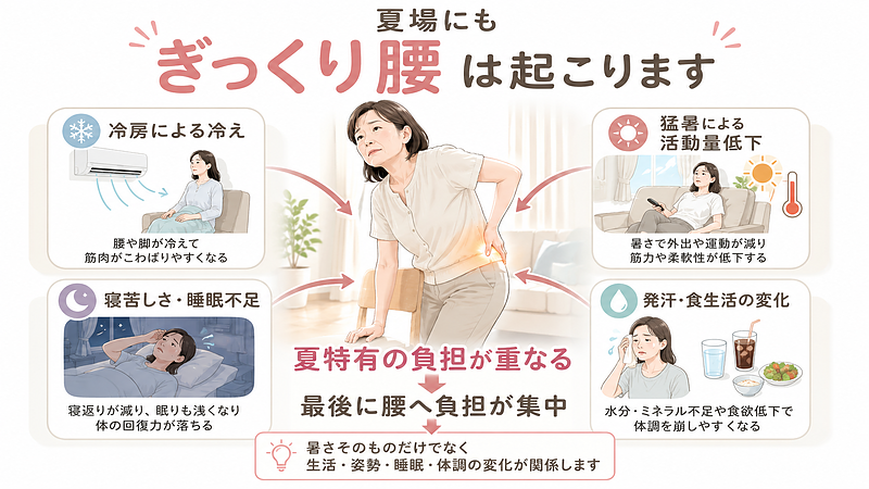 夏場のぎっくり腰は、冷房による体の冷えだけでなく、猛暑による活動量の低下、寝苦しさによる睡眠不足、発汗や食生活の変化など、複数の負担が重なって起こることがあります。画像では、椅子から立ち上がる際に腰へ違和感を覚えた女性を中心に、夏に増えやすい4つの負担を配置し、それぞれが最終的に腰へ集中する流れを表現しています。暑さそのものを原因と決めつけず、生活・姿勢・睡眠・体調の変化を総合的に確認する必要があることを伝える図解です。 夏場のぎっくり腰は、冷房による体の冷えだけでなく、猛暑による活動量の低下、寝苦しさによる睡眠不足、発汗や食生活の変化など、複数の負担が重なって起こることがあります。画像では、椅子から立ち上がる際に腰へ違和感を覚えた女性を中心に、夏に増えやすい4つの負担を配置し、それぞれが最終的に腰へ集中する流れを表現しています。暑さそのものを原因と決めつけず、生活・姿勢・睡眠・体調の変化を総合的に確認する必要があることを伝える図解です。