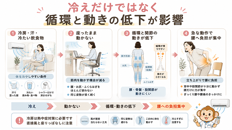 冷房の風、汗で湿った衣類、冷たい飲食物などで体が冷えた状態に、長時間座ったまま動かない生活が重なると、腰やお尻、股関節、ふくらはぎを動かす機会が少なくなります。画像では、「冷えやすい条件」から「動かない状態」「循環や関節の動きの低下」「立ち上がりで腰へ負担が集中する状態」までを、4段階の流れで示しています。冷房は熱中症対策に必要ですが、直接風を受け続けることや座りっぱなしを避け、こまめに体を動かすことが大切です。 冷房の風、汗で湿った衣類、冷たい飲食物などで体が冷えた状態に、長時間座ったまま動かない生活が重なると、腰やお尻、股関節、ふくらはぎを動かす機会が少なくなります。画像では、「冷えやすい条件」から「動かない状態」「循環や関節の動きの低下」「立ち上がりで腰へ負担が集中する状態」までを、4段階の流れで示しています。冷房は熱中症対策に必要ですが、直接風を受け続けることや座りっぱなしを避け、こまめに体を動かすことが大切です。