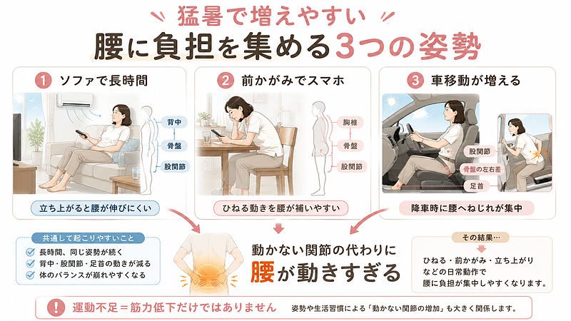 猛暑で外出が減ると、ソファで長時間過ごす、テーブルで前かがみのままスマートフォンを見る、車での移動時間が増えるといった姿勢が続きやすくなります。ソファでは背中・骨盤・股関節、前かがみ姿勢では胸椎・骨盤・股関節、車内では股関節・骨盤・足首の動きが小さくなりやすく、動かない関節の代わりに腰が多く動くことがあります。画像では、運動不足を単なる筋力低下として捉えるのではなく、同じ姿勢によって体全体の動きが減り、日常動作で腰へ負担が集まりやすくなることを3つの生活場面から説明しています。 猛暑で外出が減ると、ソファで長時間過ごす、テーブルで前かがみのままスマートフォンを見る、車での移動時間が増えるといった姿勢が続きやすくなります。ソファでは背中・骨盤・股関節、前かがみ姿勢では胸椎・骨盤・股関節、車内では股関節・骨盤・足首の動きが小さくなりやすく、動かない関節の代わりに腰が多く動くことがあります。画像では、運動不足を単なる筋力低下として捉えるのではなく、同じ姿勢によって体全体の動きが減り、日常動作で腰へ負担が集まりやすくなることを3つの生活場面から説明しています。