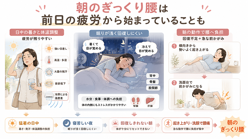 夏場は日中の強い暑さや大量の発汗、屋外と冷房の効いた室内との温度差によって疲労が残りやすくなります。さらに熱帯夜で眠りが浅くなると、筋肉や関節、体調が十分に回復しないまま朝を迎えることがあります。画像では、猛暑の日中、寝苦しい夜、回復しきれない朝という時間の流れを示し、起き上がりや洗顔などの急な動作をきっかけに腰へ負担が集中する過程を表現しています。朝のぎっくり腰は、起床時の動作だけでなく、前日から蓄積した疲労や睡眠の質も関係している場合があります。 夏場は日中の強い暑さや大量の発汗、屋外と冷房の効いた室内との温度差によって疲労が残りやすくなります。さらに熱帯夜で眠りが浅くなると、筋肉や関節、体調が十分に回復しないまま朝を迎えることがあります。画像では、猛暑の日中、寝苦しい夜、回復しきれない朝という時間の流れを示し、起き上がりや洗顔などの急な動作をきっかけに腰へ負担が集中する過程を表現しています。朝のぎっくり腰は、起床時の動作だけでなく、前日から蓄積した疲労や睡眠の質も関係している場合があります。