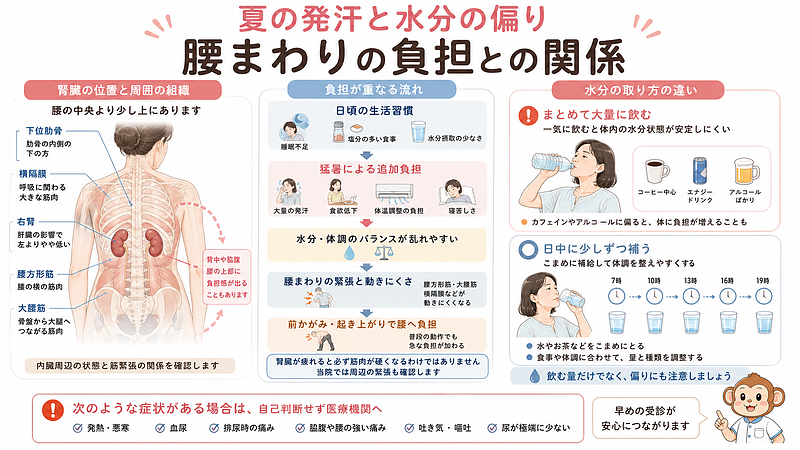 腎臓は背骨の左右、腰の中央よりやや上の下位肋骨付近に位置し、水分や電解質の調整、不要なものを尿として排出する働きなどに関わっています。画像では、日頃の睡眠不足や食生活、水分摂取の少なさに、夏の大量発汗や寝苦しさが加わることで、体調のバランスが崩れやすくなる流れを示しています。また、水分は喉が渇いてから一度に大量に飲むのではなく、飲み物の種類に偏りすぎないよう日中に少しずつ補うことが大切です。発熱、血尿、排尿時の痛み、脇腹の激痛などがある場合は、筋肉の腰痛と自己判断せず医療機関で確認する必要があります。 腎臓は背骨の左右、腰の中央よりやや上の下位肋骨付近に位置し、水分や電解質の調整、不要なものを尿として排出する働きなどに関わっています。画像では、日頃の睡眠不足や食生活、水分摂取の少なさに、夏の大量発汗や寝苦しさが加わることで、体調のバランスが崩れやすくなる流れを示しています。また、水分は喉が渇いてから一度に大量に飲むのではなく、飲み物の種類に偏りすぎないよう日中に少しずつ補うことが大切です。発熱、血尿、排尿時の痛み、脇腹の激痛などがある場合は、筋肉の腰痛と自己判断せず医療機関で確認する必要があります。