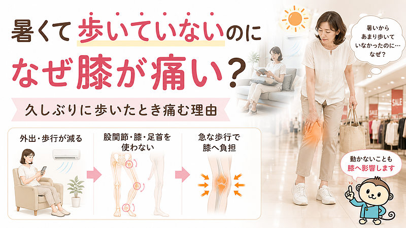 夏の暑さであまり歩いていなかったにもかかわらず、久しぶりの買い物や外出で膝が痛くなる理由を伝えるマイベストプロ記事用のサムネイル画像です。右側には、ショッピングモールで膝の前側から内側へ手を添える40〜50代日本人女性を配置し、暑さによって室内で座って過ごす時間が増えていた様子も背景に重ねています。左側の図解では、外出や歩行が減ることで股関節、膝、足首を使う機会が少なくなり、急に歩いたときに膝へ負担が集まりやすくなる流れを示しています。 夏の暑さであまり歩いていなかったにもかかわらず、久しぶりの買い物や外出で膝が痛くなる理由を伝えるマイベストプロ記事用のサムネイル画像です。右側には、ショッピングモールで膝の前側から内側へ手を添える40〜50代日本人女性を配置し、暑さによって室内で座って過ごす時間が増えていた様子も背景に重ねています。左側の図解では、外出や歩行が減ることで股関節、膝、足首を使う機会が少なくなり、急に歩いたときに膝へ負担が集まりやすくなる流れを示しています。