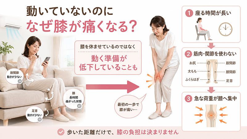 夏の暑さで外出を控え、冷房の効いた部屋で長時間座って過ごすことで、膝や股関節、足首を動かす機会が減っていく様子を表した画像です。あまり歩いていないため膝を休ませているように思えても、筋肉や関節が動作に対応する準備が低下し、立ち上がった直後や最初の一歩で膝へ急に負担が集まることがあります。歩いた距離だけではなく、座っている時間や身体を動かす頻度も膝の状態に関係することを、生活場面と3段階の図解で説明しています。 夏の暑さで外出を控え、冷房の効いた部屋で長時間座って過ごすことで、膝や股関節、足首を動かす機会が減っていく様子を表した画像です。あまり歩いていないため膝を休ませているように思えても、筋肉や関節が動作に対応する準備が低下し、立ち上がった直後や最初の一歩で膝へ急に負担が集まることがあります。歩いた距離だけではなく、座っている時間や身体を動かす頻度も膝の状態に関係することを、生活場面と3段階の図解で説明しています。