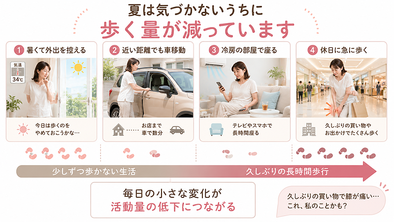 夏の暑さによって、日常の中で歩く機会が少しずつ減っていく流れを表した画像です。暑いため外出を控える、近い距離でも車を利用する、冷房の効いた部屋で長時間座るといった行動が重なると、自覚がないまま活動量が低下しやすくなります。その状態で休日の買い物や外出によって急に長時間歩くと、膝が負担へ対応しにくくなり、痛みを感じることがあります。夏の一日の生活変化と、久しぶりの歩行による膝痛のつながりをストーリー形式で示しています。 夏の暑さによって、日常の中で歩く機会が少しずつ減っていく流れを表した画像です。暑いため外出を控える、近い距離でも車を利用する、冷房の効いた部屋で長時間座るといった行動が重なると、自覚がないまま活動量が低下しやすくなります。その状態で休日の買い物や外出によって急に長時間歩くと、膝が負担へ対応しにくくなり、痛みを感じることがあります。夏の一日の生活変化と、久しぶりの歩行による膝痛のつながりをストーリー形式で示しています。