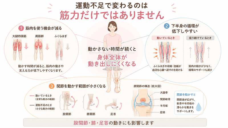運動不足によって変化するのは筋力だけではなく、下半身の循環や関節の動かしやすさにも影響することを示した画像です。身体を動かす時間が減ると、太ももやお尻、ふくらはぎの筋肉を使う機会が少なくなり、筋肉の働きによる下半身の循環の補助も低下しやすくなります。また、股関節、膝、足首を動かす範囲が小さくなることで、動作の開始時にこわばりや動かしにくさを感じる場合があります。筋肉、循環、関節の柔軟性という3つの視点から、運動不足と膝痛の関係を解説しています。 運動不足によって変化するのは筋力だけではなく、下半身の循環や関節の動かしやすさにも影響することを示した画像です。身体を動かす時間が減ると、太ももやお尻、ふくらはぎの筋肉を使う機会が少なくなり、筋肉の働きによる下半身の循環の補助も低下しやすくなります。また、股関節、膝、足首を動かす範囲が小さくなることで、動作の開始時にこわばりや動かしにくさを感じる場合があります。筋肉、循環、関節の柔軟性という3つの視点から、運動不足と膝痛の関係を解説しています。