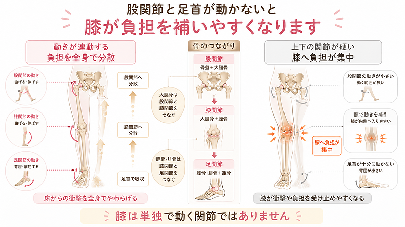 歩行や立ち上がりでは、股関節、膝、足首が連動しながら体重や床からの衝撃を分散していることを表した画像です。股関節と膝は大腿骨によってつながり、膝と足首は脛骨や腓骨を通して影響し合っています。そのため、暑さによる活動量の低下で股関節や足首の動きが小さくなると、身体全体で分散していた負担を膝が補いやすくなります。関節が滑らかに連動する状態と、上下の関節が硬く膝へ負担が集まる状態を、骨格図による左右比較で示しています。 歩行や立ち上がりでは、股関節、膝、足首が連動しながら体重や床からの衝撃を分散していることを表した画像です。股関節と膝は大腿骨によってつながり、膝と足首は脛骨や腓骨を通して影響し合っています。そのため、暑さによる活動量の低下で股関節や足首の動きが小さくなると、身体全体で分散していた負担を膝が補いやすくなります。関節が滑らかに連動する状態と、上下の関節が硬く膝へ負担が集まる状態を、骨格図による左右比較で示しています。