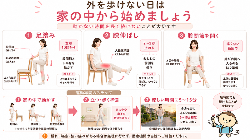 暑さや膝への不安から外を歩けていない方に向けて、自宅で始めやすい3つの運動を紹介した画像です。椅子につかまって行う足踏みは、股関節やお尻、ふくらはぎを動かすきっかけになります。椅子に座って行う膝伸ばしでは、立ち上がりや階段で膝を支える太ももの前側を使います。股関節を開く運動は、お尻の外側を働かせ、膝が内側へ入りにくい状態をつくる準備になります。まずは家の中で身体を動かし、慣れてきたら廊下の歩行や、涼しい時間帯の5~15分程度のウォーキングへつなげる流れを示しています。 暑さや膝への不安から外を歩けていない方に向けて、自宅で始めやすい3つの運動を紹介した画像です。椅子につかまって行う足踏みは、股関節やお尻、ふくらはぎを動かすきっかけになります。椅子に座って行う膝伸ばしでは、立ち上がりや階段で膝を支える太ももの前側を使います。股関節を開く運動は、お尻の外側を働かせ、膝が内側へ入りにくい状態をつくる準備になります。まずは家の中で身体を動かし、慣れてきたら廊下の歩行や、涼しい時間帯の5~15分程度のウォーキングへつなげる流れを示しています。