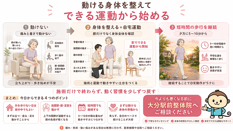 膝の痛みと夏の暑さによって動く機会が減っていた方が、身体の状態を確認し、自宅運動と短時間の歩行を段階的に始める流れを表した画像です。左側では、長時間座る生活によって歩く量や関節の動きが減り、立ち上がりや歩き始めに不安を感じている状態を示しています。中央では、膝だけでなく骨盤、股関節、足首、立ったときの体重のかけ方を確認しながら、家でできる膝伸ばしなどを始める様子を描いています。右側では、夕方の涼しい時間に5~10分程度の歩行を続け、動きやすい状態を日常生活へ定着させていく流れを示しています。 膝の痛みと夏の暑さによって動く機会が減っていた方が、身体の状態を確認し、自宅運動と短時間の歩行を段階的に始める流れを表した画像です。左側では、長時間座る生活によって歩く量や関節の動きが減り、立ち上がりや歩き始めに不安を感じている状態を示しています。中央では、膝だけでなく骨盤、股関節、足首、立ったときの体重のかけ方を確認しながら、家でできる膝伸ばしなどを始める様子を描いています。右側では、夕方の涼しい時間に5~10分程度の歩行を続け、動きやすい状態を日常生活へ定着させていく流れを示しています。