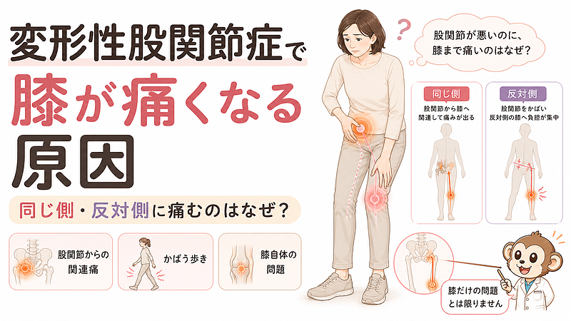 変形性股関節症によって、股関節と同じ側または反対側の膝に痛みが出る理由を紹介するマイベストプロ記事のサムネイル画像です。股関節から膝へ痛みを感じる関連痛、股関節をかばう歩き方による反対側の膝への負担、膝そのものに問題があるケースを示しています。変形性股関節症があって膝まで痛む場合でも、すべてが膝だけの問題とは限りません。股関節、膝、歩き方、腰から足首までの身体のつながりを確認する重要性が伝わる構成です。 変形性股関節症によって、股関節と同じ側または反対側の膝に痛みが出る理由を紹介するマイベストプロ記事のサムネイル画像です。股関節から膝へ痛みを感じる関連痛、股関節をかばう歩き方による反対側の膝への負担、膝そのものに問題があるケースを示しています。変形性股関節症があって膝まで痛む場合でも、すべてが膝だけの問題とは限りません。股関節、膝、歩き方、腰から足首までの身体のつながりを確認する重要性が伝わる構成です。