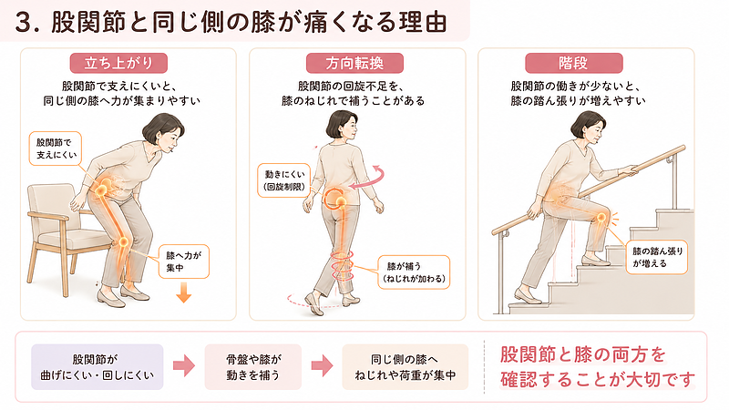 変形性股関節症がある側と同じ側の膝に痛みが出る理由を、立ち上がり、方向転換、階段の3つの日常動作で示した画像です。股関節が曲げにくい、回しにくい状態になると、骨盤や膝が不足した動きを補うため、同じ側の膝へ荷重やねじれが集中することがあります。椅子から立つときに膝へ力が集まる状態、方向転換で股関節の回旋不足を膝が補う状態、階段で膝の踏ん張りが増える状態を分かりやすく比較しています。股関節が負担の始まりであっても、実際に負担を受けている膝も含めて確認することが大切です。 変形性股関節症がある側と同じ側の膝に痛みが出る理由を、立ち上がり、方向転換、階段の3つの日常動作で示した画像です。股関節が曲げにくい、回しにくい状態になると、骨盤や膝が不足した動きを補うため、同じ側の膝へ荷重やねじれが集中することがあります。椅子から立つときに膝へ力が集まる状態、方向転換で股関節の回旋不足を膝が補う状態、階段で膝の踏ん張りが増える状態を分かりやすく比較しています。股関節が負担の始まりであっても、実際に負担を受けている膝も含めて確認することが大切です。