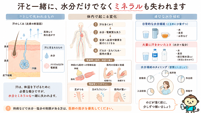 汗をかくと、水分だけでなくナトリウムなどの電解質も失われます。発汗から体内で起こる変化、筋肉や神経への影響、日常時と大量発汗時の水分補給の違いを分かりやすくまとめた画像です。 汗をかくと、水分だけでなくナトリウムなどの電解質も失われます。発汗から体内で起こる変化、筋肉や神経への影響、日常時と大量発汗時の水分補給の違いを分かりやすくまとめた画像です。