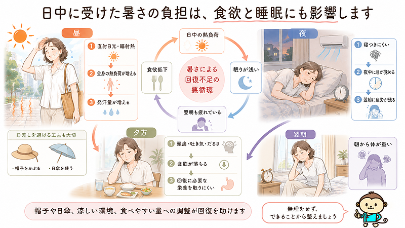 日中の強い暑さや直射日光による負担が、食欲低下や寝苦しさにつながり、翌朝まで疲れが残る流れを表した画像です。暑さによる回復不足が、活動量の低下を招く悪循環を分かりやすくまとめています。 日中の強い暑さや直射日光による負担が、食欲低下や寝苦しさにつながり、翌朝まで疲れが残る流れを表した画像です。暑さによる回復不足が、活動量の低下を招く悪循環を分かりやすくまとめています。