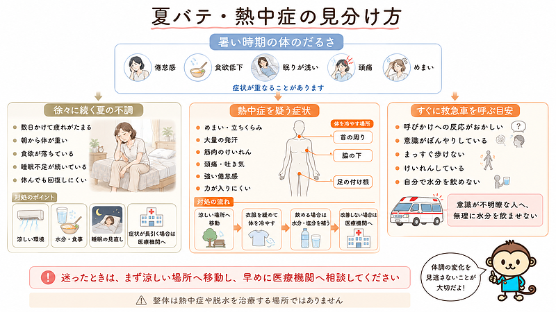 夏バテと熱中症に共通する症状を示しながら、徐々に続く不調、熱中症を疑う症状、救急車を呼ぶ目安を整理した画像です。症状に応じた対処方法と、医療機関へ相談する判断基準を分かりやすくまとめています。 夏バテと熱中症に共通する症状を示しながら、徐々に続く不調、熱中症を疑う症状、救急車を呼ぶ目安を整理した画像です。症状に応じた対処方法と、医療機関へ相談する判断基準を分かりやすくまとめています。