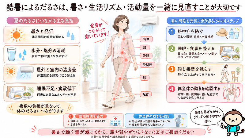 酷暑による体のだるさには、発汗、水分・塩分の消耗、温度差、睡眠不足、食欲低下、活動量の減少が重なります。熱中症予防を優先しながら生活リズムを整え、腰や背中のこわばりは体全体の動きから確認する流れをまとめた画像です。 酷暑による体のだるさには、発汗、水分・塩分の消耗、温度差、睡眠不足、食欲低下、活動量の減少が重なります。熱中症予防を優先しながら生活リズムを整え、腰や背中のこわばりは体全体の動きから確認する流れをまとめた画像です。