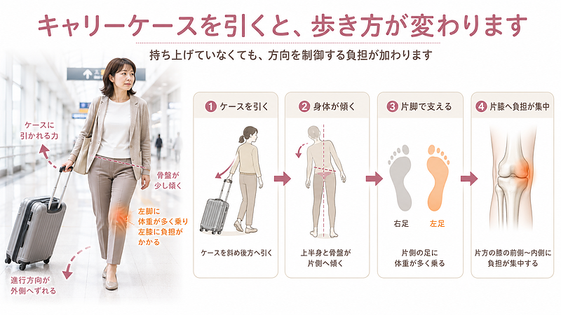 キャリーケースを片手で引くと、方向を調整するために身体が傾き、片脚へ体重が偏りやすくなります。その結果、歩くたびに片方の膝へ負担が集中する流れを示した画像です。 キャリーケースを片手で引くと、方向を調整するために身体が傾き、片脚へ体重が偏りやすくなります。その結果、歩くたびに片方の膝へ負担が集中する流れを示した画像です。
