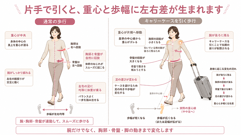 何も持たない通常歩行と、キャリーケースを片手で引く歩行を比較した画像です。片腕が後ろに残ることで胸郭や骨盤の動き、重心、歩幅に左右差が生じる様子を示しています。 何も持たない通常歩行と、キャリーケースを片手で引く歩行を比較した画像です。片腕が後ろに残ることで胸郭や骨盤の動き、重心、歩幅に左右差が生じる様子を示しています。