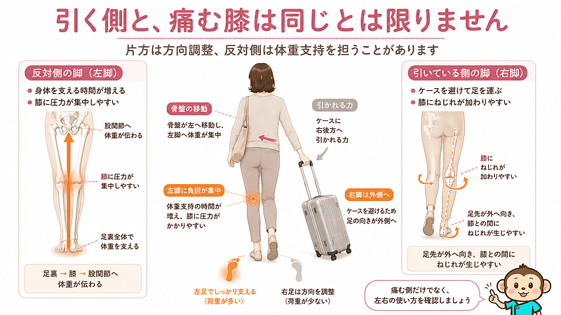キャリーケースを右手で引いていても、身体を支える反対側の左膝へ負担が集中することがあります。引く側は方向調整、反対側は体重支持を担う場合があることを示した画像です。 キャリーケースを右手で引いていても、身体を支える反対側の左膝へ負担が集中することがあります。引く側は方向調整、反対側は体重支持を担う場合があることを示した画像です。