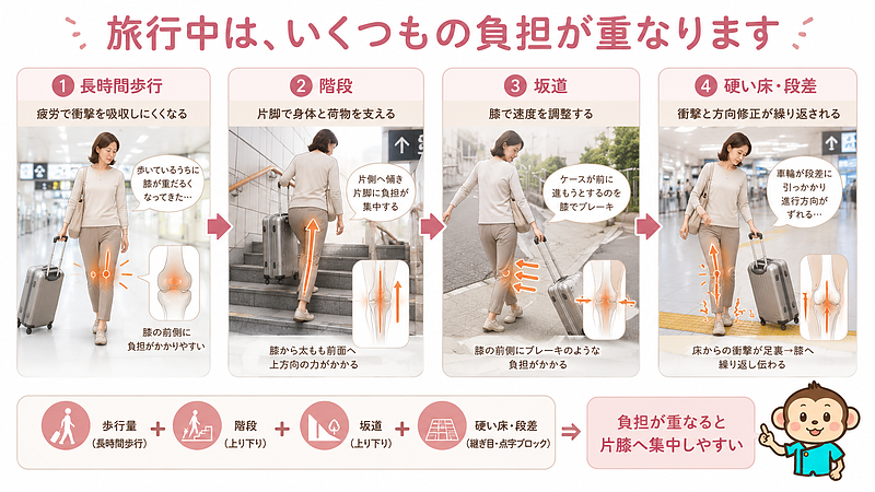 旅行中は、長時間歩行、階段、坂道、硬い床や段差など、膝への負担が重なりやすくなります。場面ごとに異なる負担が積み重なり、片膝痛につながる流れを示しています。 旅行中は、長時間歩行、階段、坂道、硬い床や段差など、膝への負担が重なりやすくなります。場面ごとに異なる負担が積み重なり、片膝痛につながる流れを示しています。