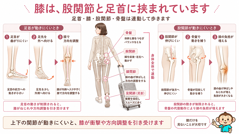足首・膝・股関節・骨盤は連動して歩いています。足首や股関節が動きにくいと、膝が衝撃の吸収や方向調整を引き受け、負担が増えることを示した画像です。 足首・膝・股関節・骨盤は連動して歩いています。足首や股関節が動きにくいと、膝が衝撃の吸収や方向調整を引き受け、負担が増えることを示した画像です。