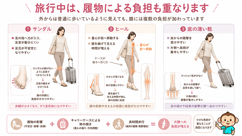サンダル、ヒール、底の薄い靴では、足元の安定性や重心、衝撃の受け方が変わります。キャリーケースや長時間歩行の負担と重なることで、片膝へ負担が集中する様子を示しています。 サンダル、ヒール、底の薄い靴では、足元の安定性や重心、衝撃の受け方が変わります。キャリーケースや長時間歩行の負担と重なることで、片膝へ負担が集中する様子を示しています。